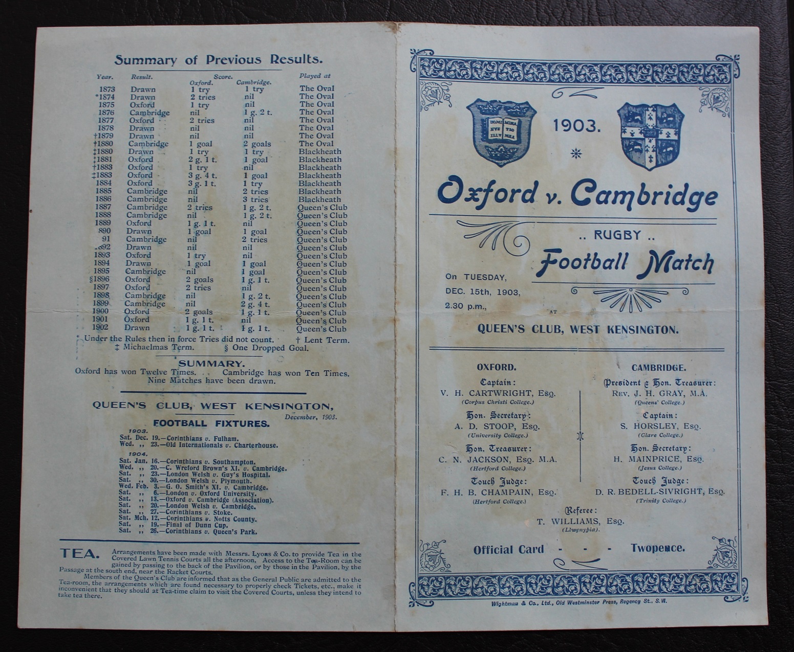 1903 Oxford v Cambrige - official match programme - Rugby Memorabilia Society - 1